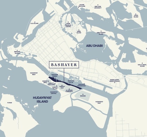 Map showing Bashayer's location on Hudayriyat Island and travel times to key Abu Dhabi destinations