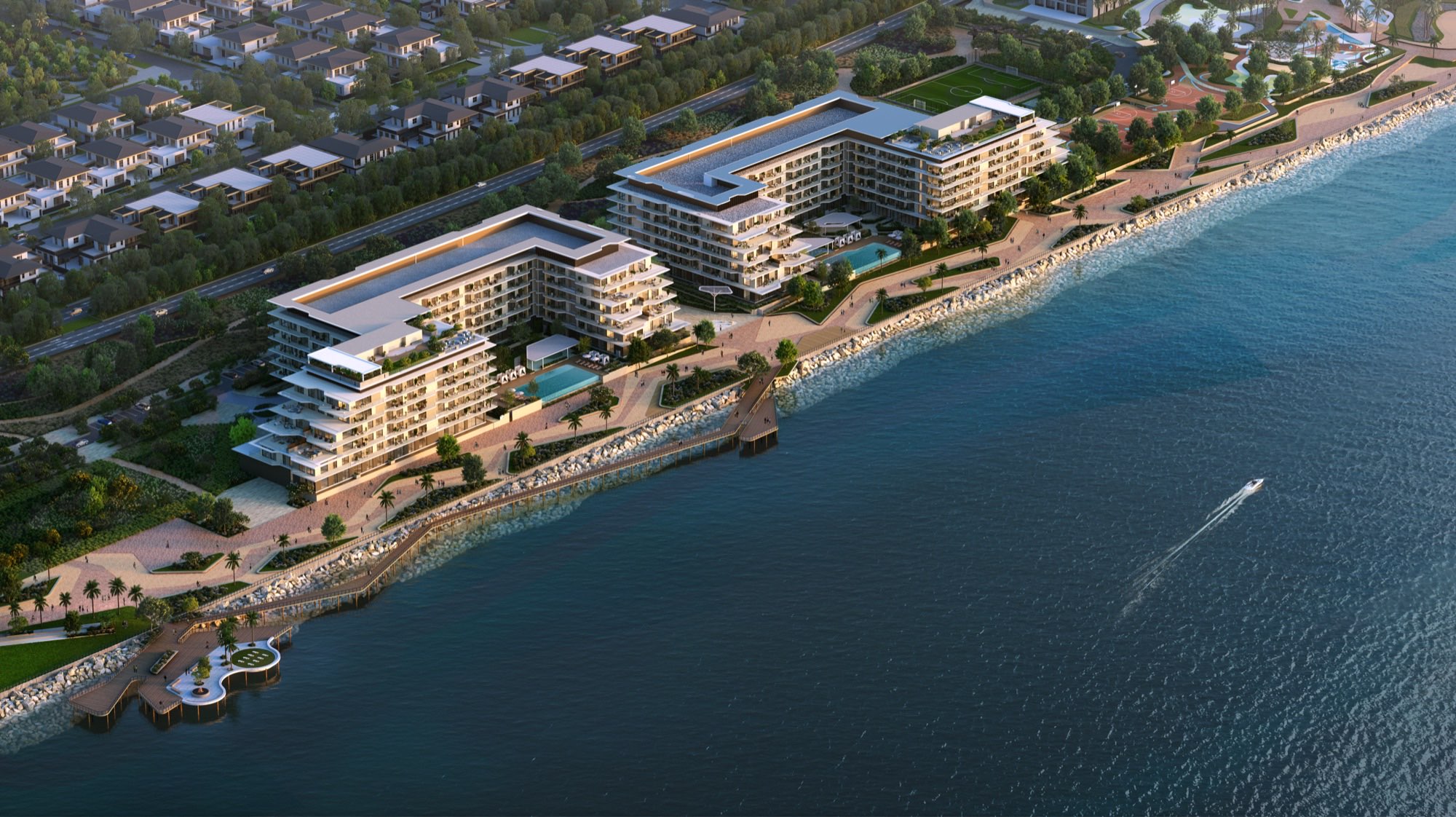 Aerial view of the Bashayer Residences waterfront community, Hudayriyat Island
